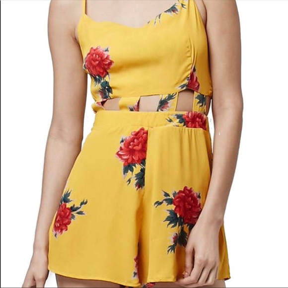 Topshop Yellow Floral Waist Cut Outs Colorful Sleeveless V Neck Romper - Picture 2 of 7